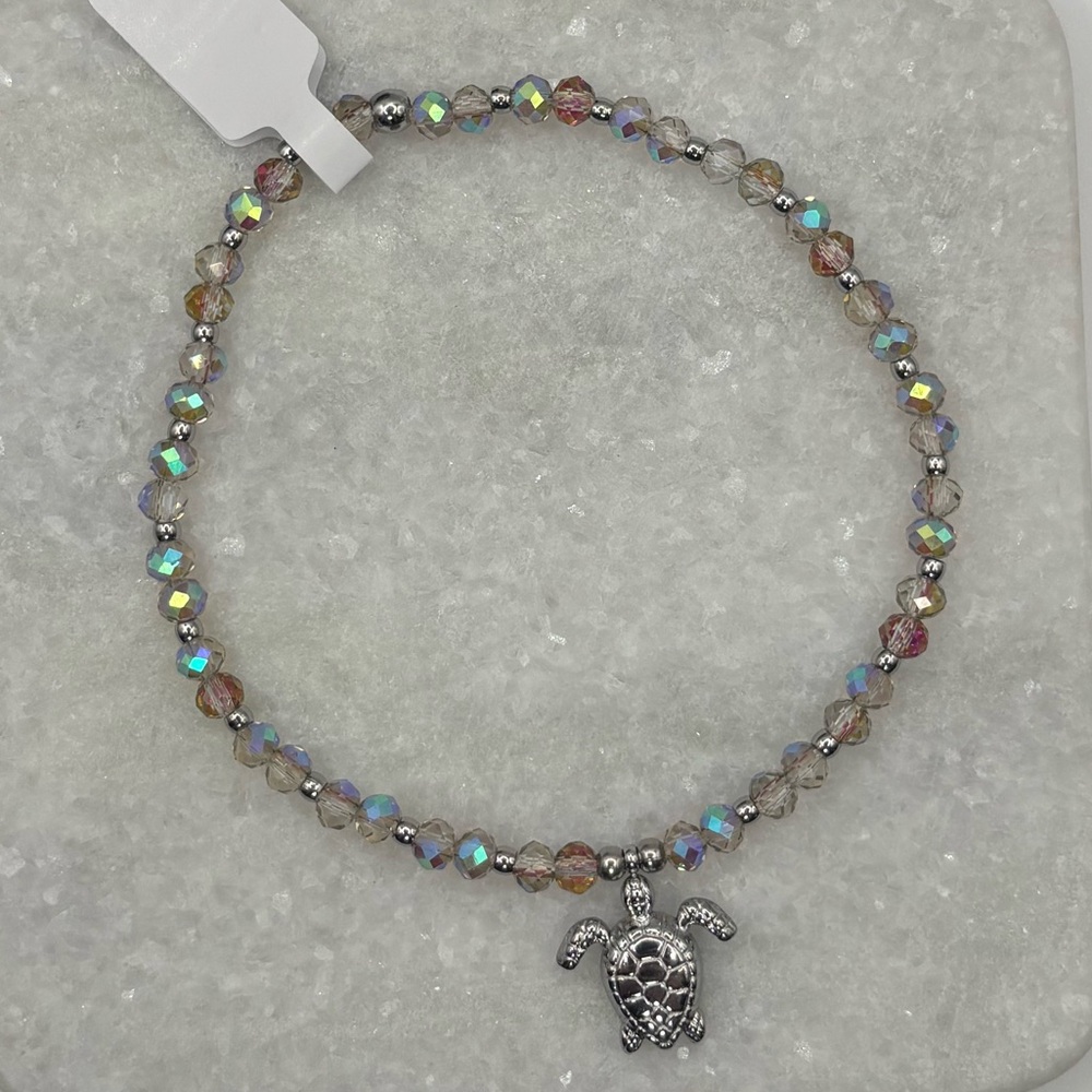 *ANKLET* S. Steel Silver Sea Turtle & AB Sunset Colors Stretchy Anklet - Picture 3 of 7